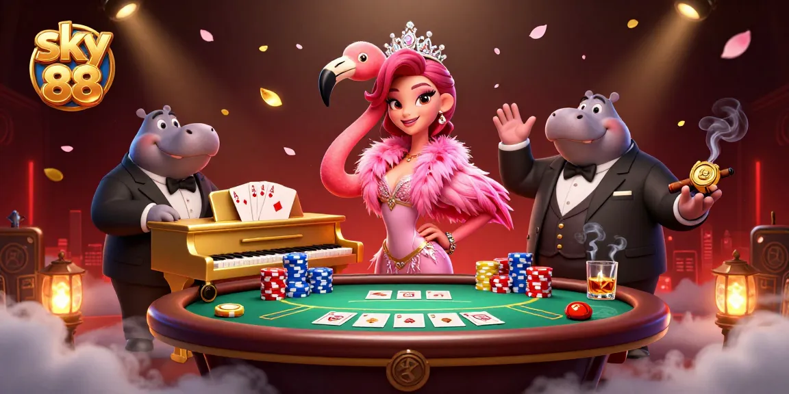 Engage with exciting gaming action at sky 88, featuring a flamboyant lounge singer, vibrant poker elements, and a thrilling ambiance.