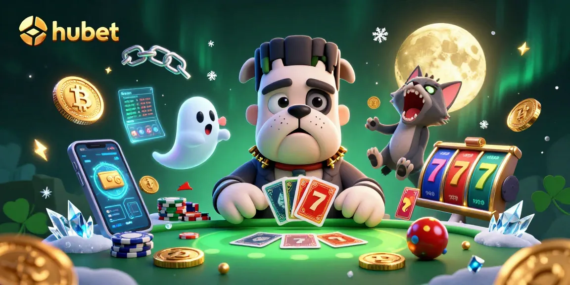 Play exciting games with hubet featuring a lively bulldog dealer, chips, and neon coins.
