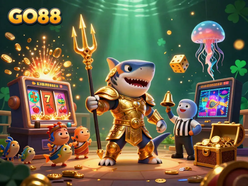 Experience the lively GO88 casino scene with a fierce tiger shark, dynamic game elements, and colorful excitement.