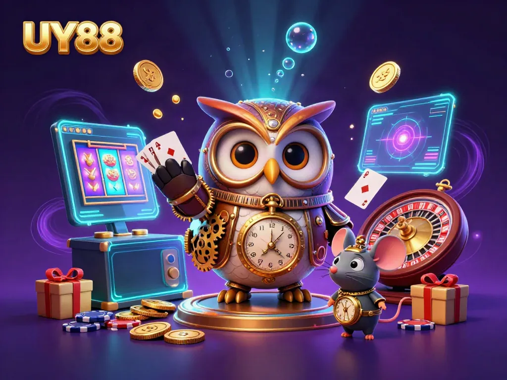 Win big with UY88 as a cartoon owl and mouse explore a vibrant casino world
