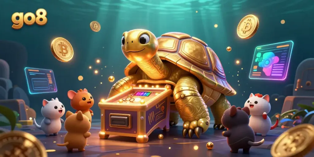 Engage in thrilling gameplay at go8 with vibrant casino elements and a colossal golden tortoise.