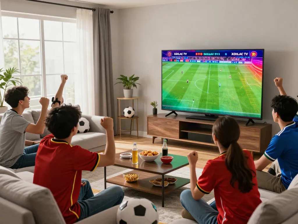 Friends enjoying a live football match on XOILAC TV in a lively room.