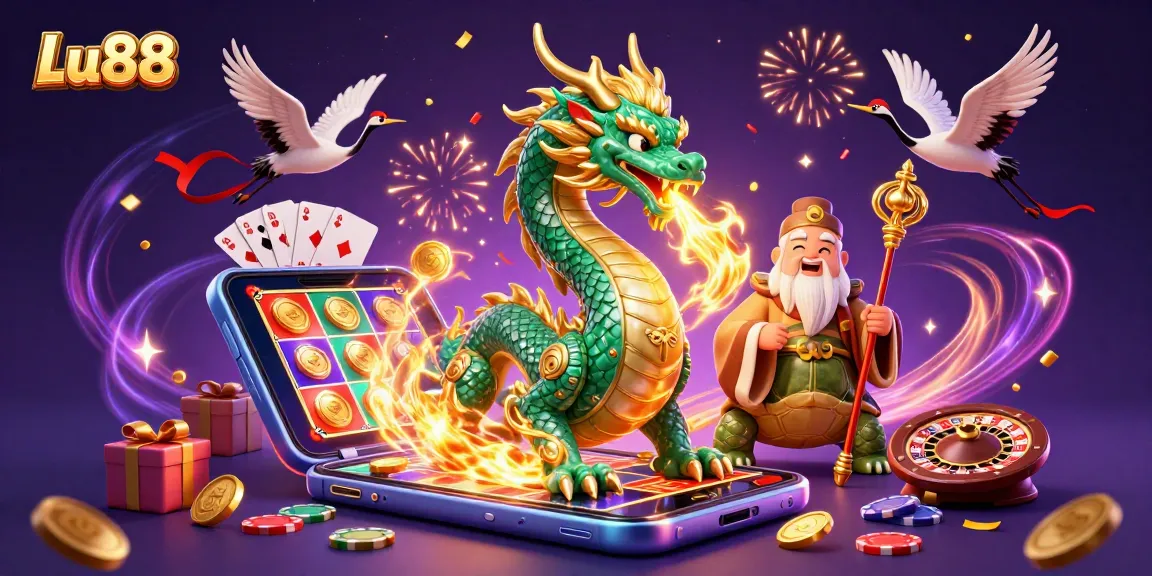 Experience the excitement of Lu88 with a vibrant slot game scene featuring a jade dragon and playful elements.