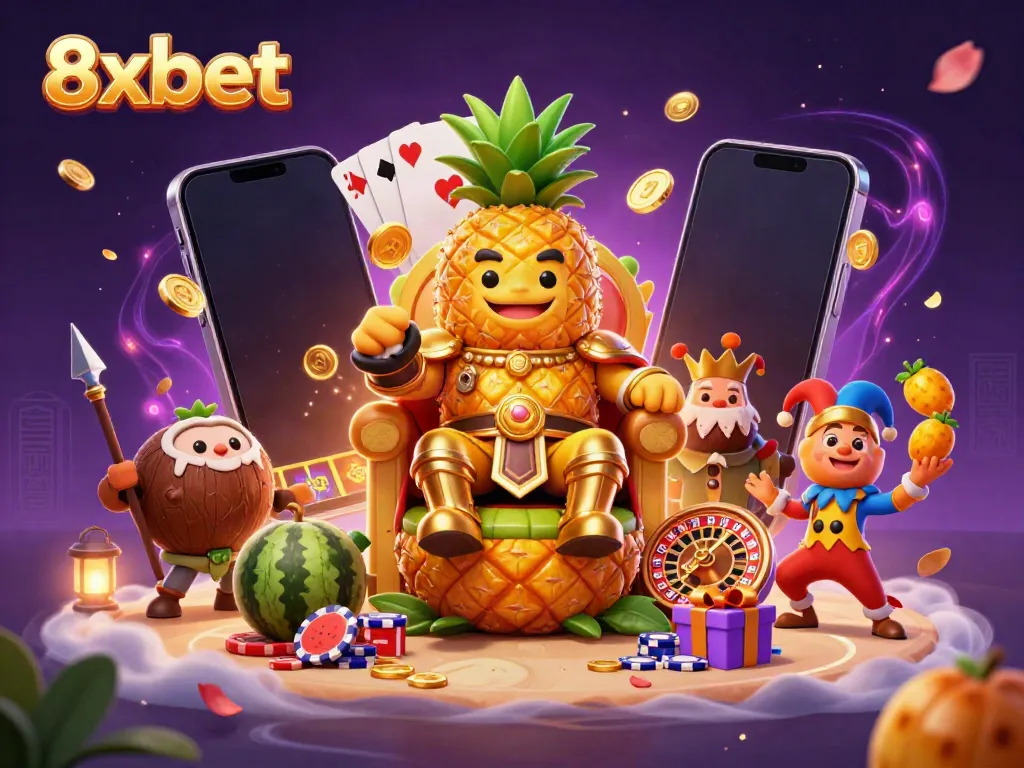 Engaging scene featuring 8xbet's pineapple king, jester, and bodyguards celebrating casino excitement.