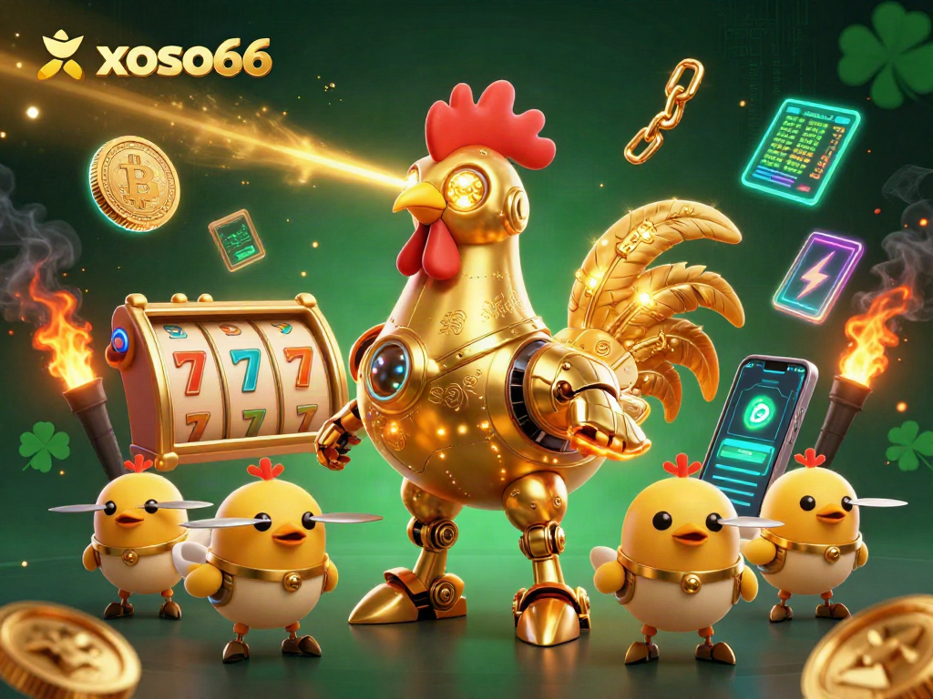 Engage in immersive gambling experiences with xoso66's vibrant slot scene featuring a golden rooster robot and crypto elements.