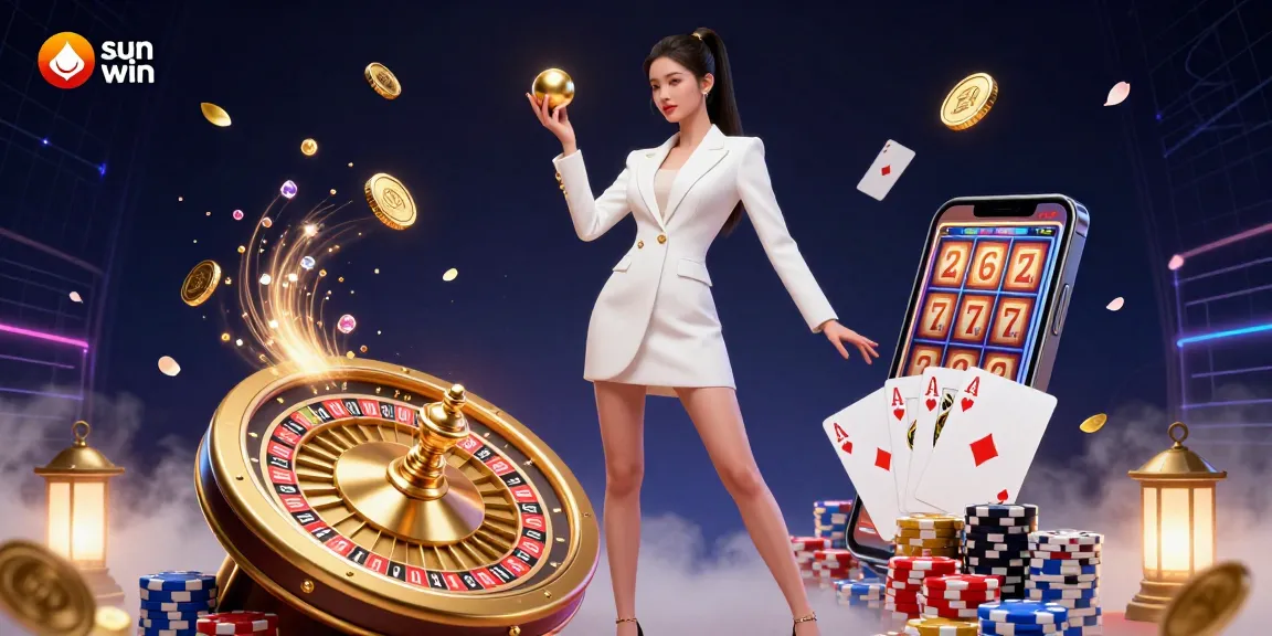 Experience a luxurious sun win gaming moment with a photorealistic Asian woman showcasing exciting casino elements.