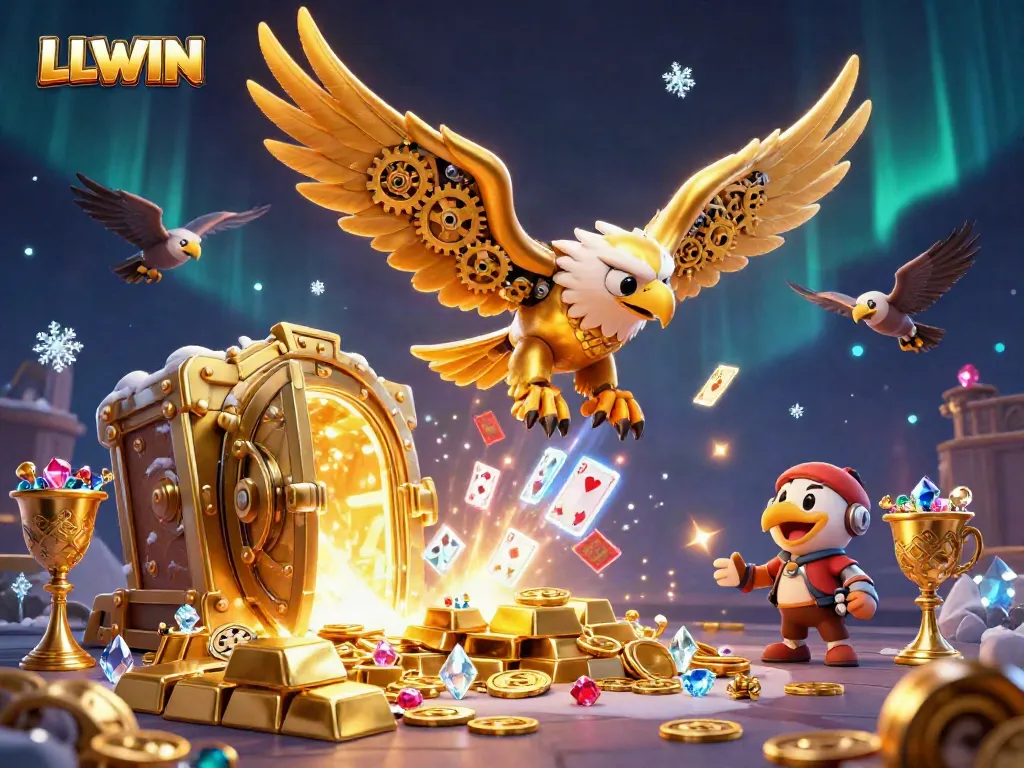 Experience exciting wins with LLWIN, featuring a dynamic 3D illustration of a golden eagle amidst casino elements.