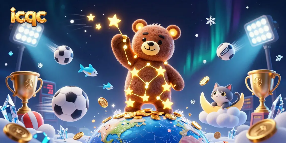 Experience the excitement of icqc as the constellation bear scoops coins while dynamic sports elements swirl around.