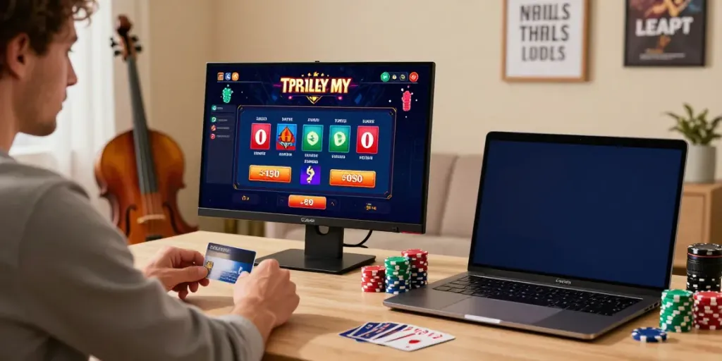 Engaging player enjoying a game at a credit card casino with vibrant graphics and poker chips.