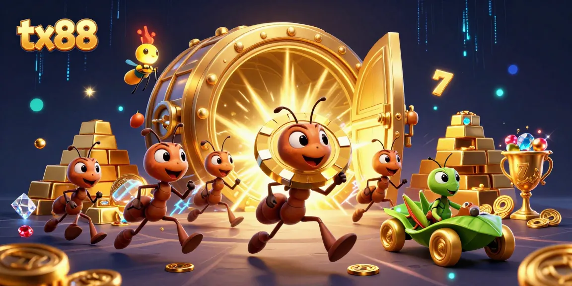 Join ants in a thrilling tx88 heist scene with golden chips and treasure amidst vibrant casino elements.