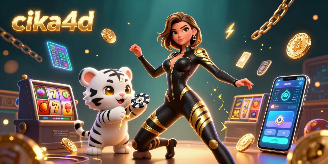 Experience vibrant casino action with CIKA4D, featuring a dazzling catsuited acrobat and a playful tiger amidst slot games.