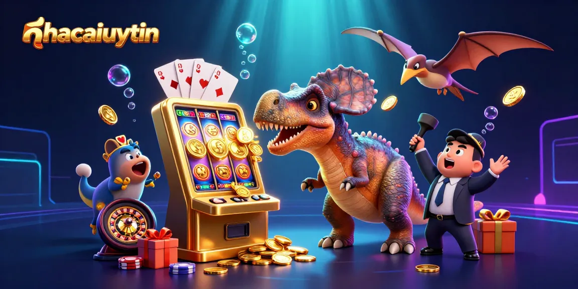 Engage with the exciting spectacle of nhacaiuytin, featuring a flamboyant 3D casino scene with dinosaurs and slot machines.