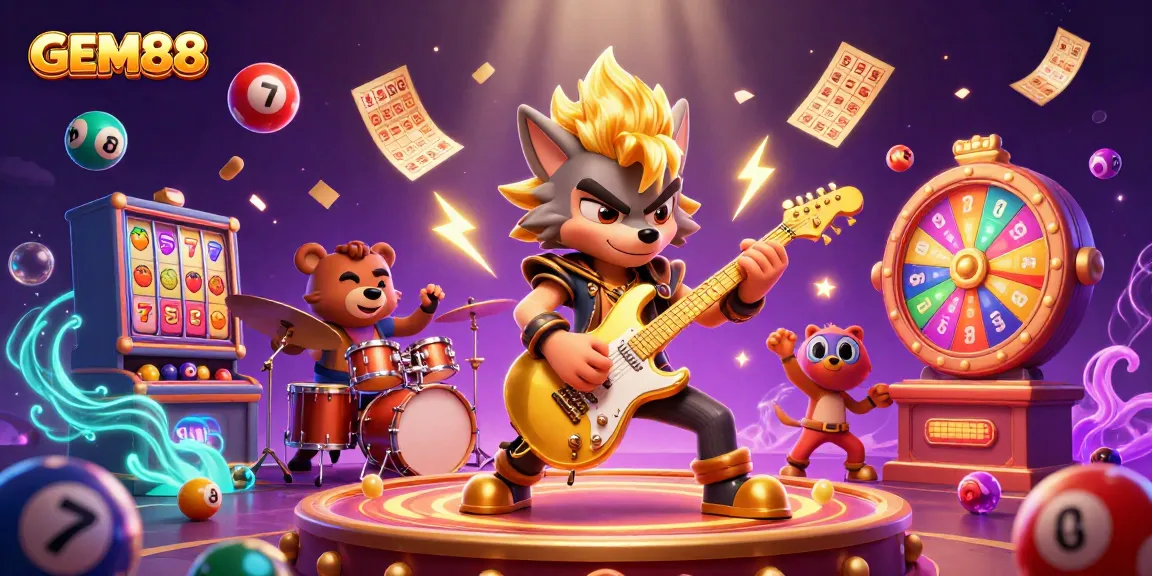 Experience GEM88’s thrilling casino atmosphere with a rock star wolf and vibrant prizes!