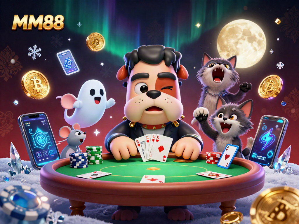 MM88 poker scene featuring a Frankenstein bulldog dealing cards with glowing coins, a ghost mouse, and a werewolf kitten.
