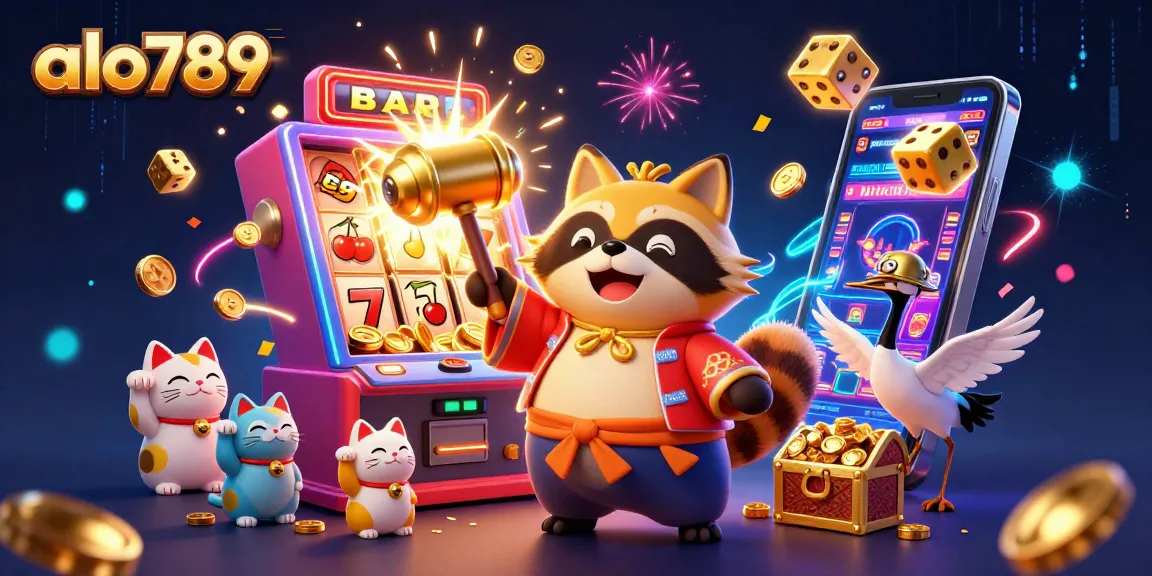 Alo789 engages players with vibrant 3D illustration showcasing a cheerful tanuki and casino elements.
