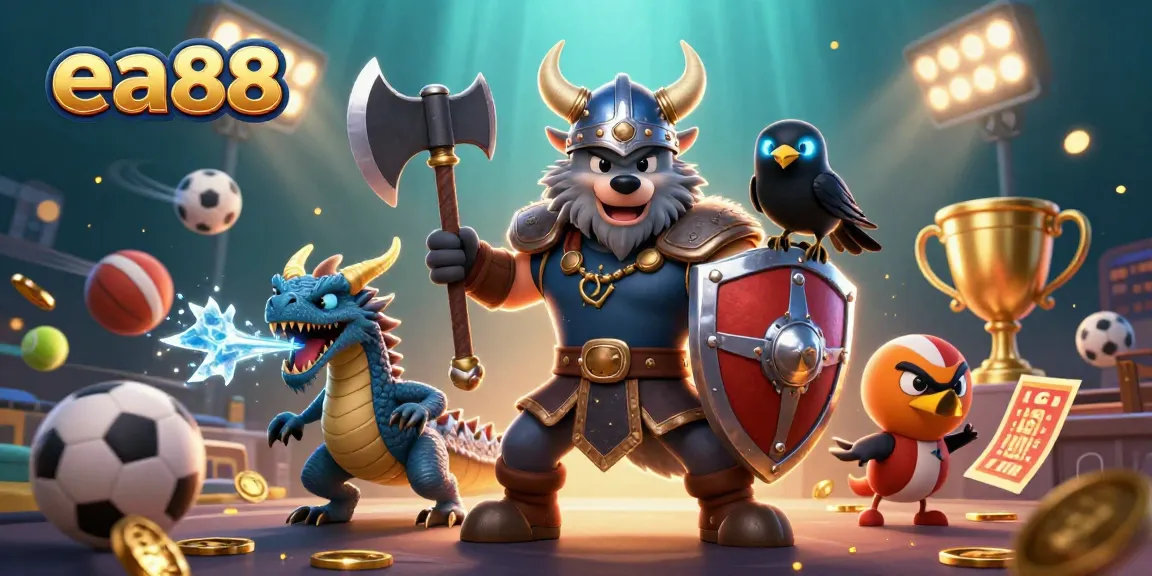 ea88 showcases a Viking wolf warrior and dragon amid sports betting elements, highlighting action and excitement.