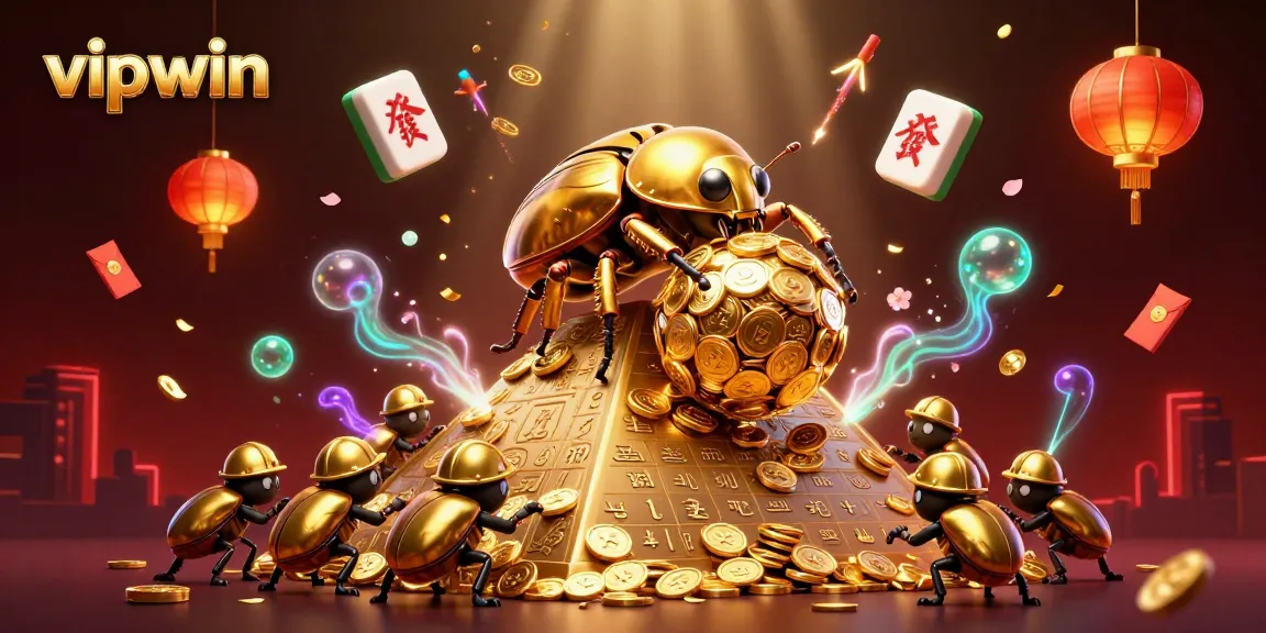 Experience thrilling gaming at vipwin with a golden beetle rolling coins under bright fireworks.