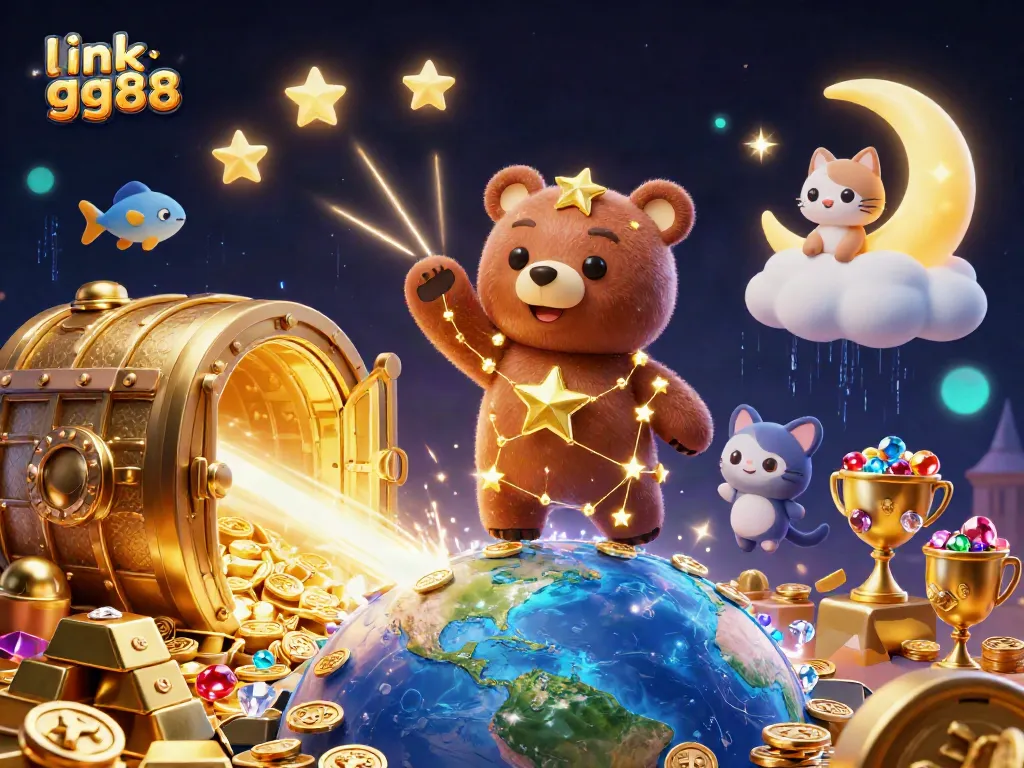Experience the thrill with link gg88 at this vibrant, ultra-detailed casino scene filled with treasures and starry characters.