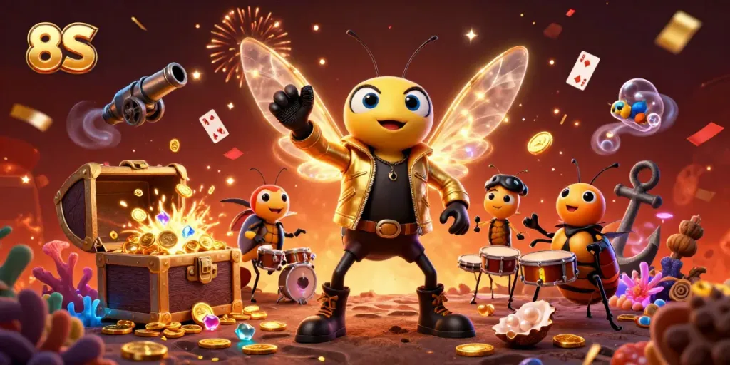 Experience the electrifying world of gambling with 8S, featuring a cicada rock star and vibrant casino elements.