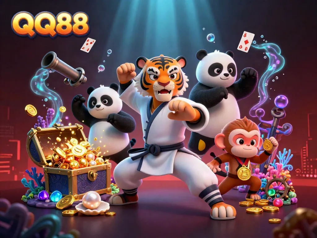 Experience thrilling gaming with QQ88 at a vibrant underwater casino, featuring cartoon characters.