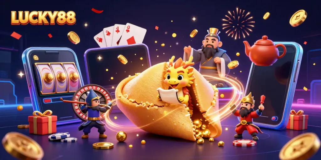 LUCKY88 showcases a dynamic 3D scene with a golden fortune cookie, wise dragon, and vibrant casino elements.