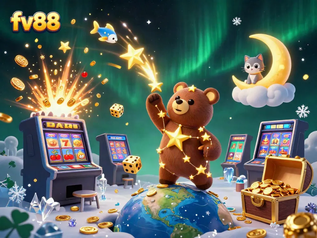 Experience the thrill with fv88 in this vibrant casino-themed 3D scene showcasing a jackpot explosion and playful characters.