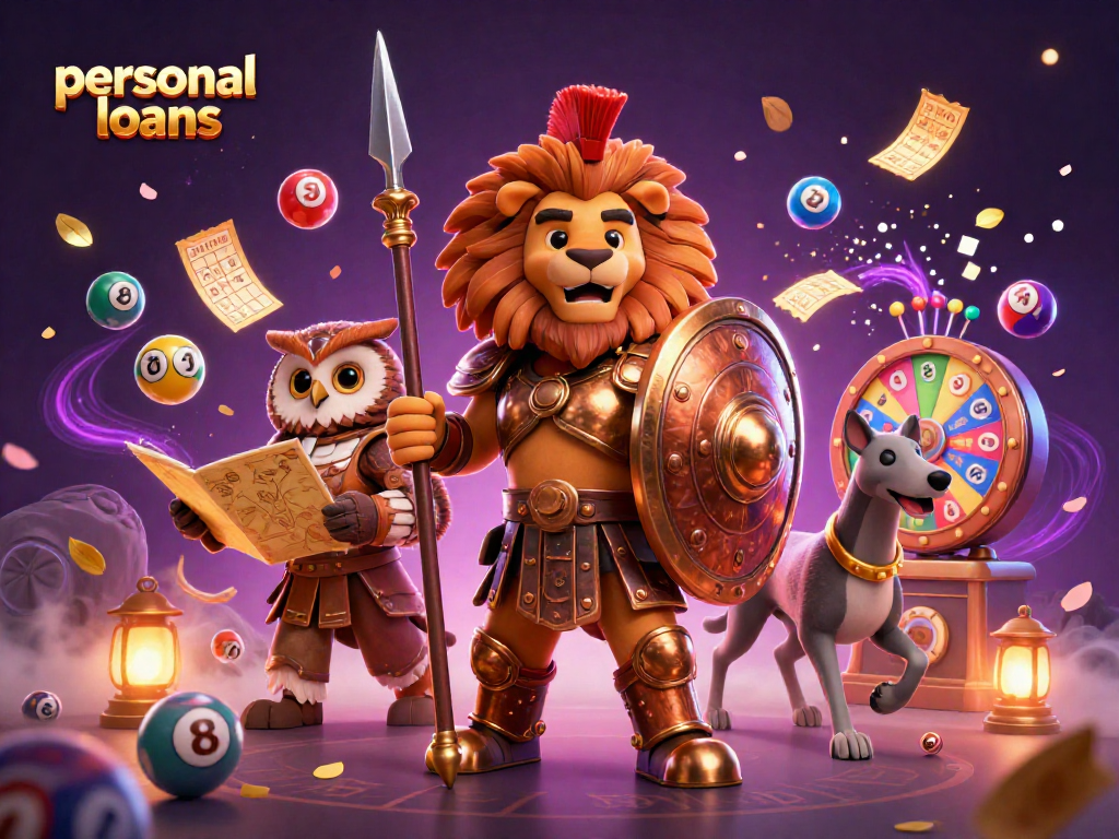 Engage with personal loans in this vibrant 3D casino scene featuring animated lottery elements.