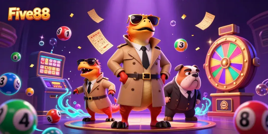 Raptors in trench coat enter Five88 casino amidst colorful lottery balls and vibrant games.
