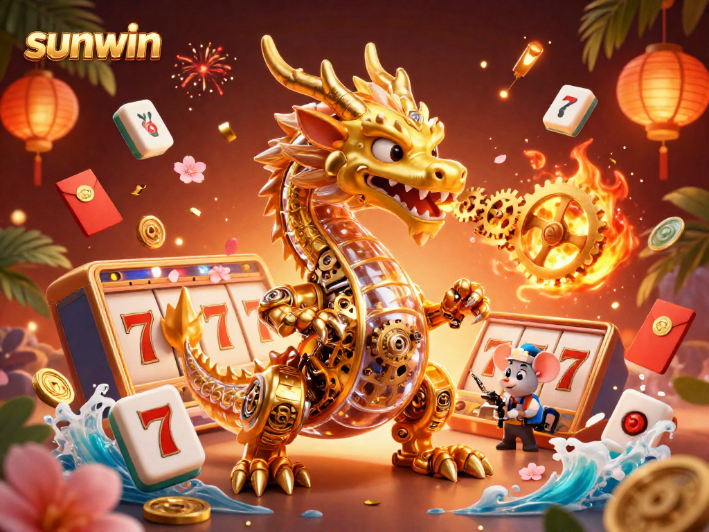 Experience the thrilling action of sunwin with a golden dragon and captivating slot reels in a vibrant casino illustration.