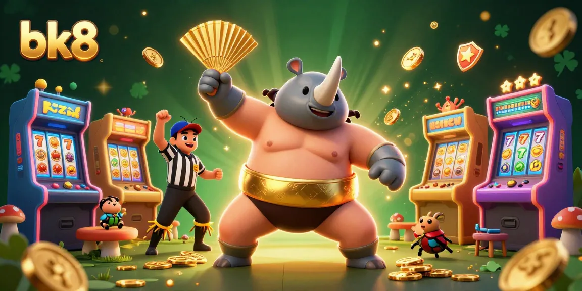 Experience thrilling wins at bk8 with a dynamic illustration featuring a beetle sumo champion and casino elements.