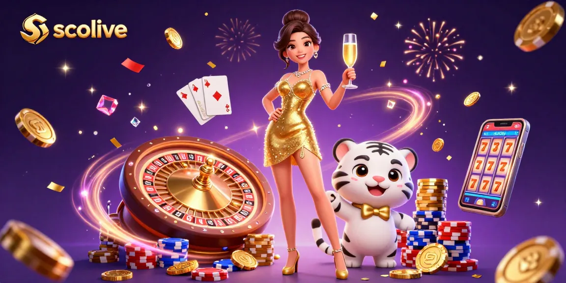 Socolive enhances the betting experience with bright decorations, featuring a glam woman and a lucky tiger cub amidst exciting casino elements.