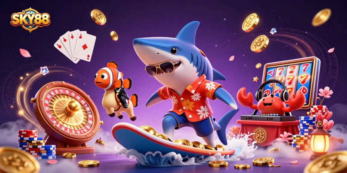 Stream big wins at SKY88 with a colorful, vibrant casino scene featuring a shark, seahorse, and DJ crab.