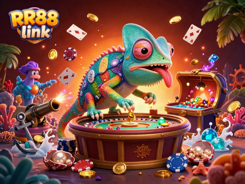 Engage with the RR88 link through a vibrant 3D casino illustration filled with games and treasures.