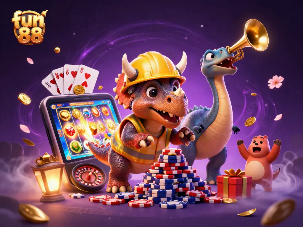 Engage with fun 88 as a triceratops builds poker chip pyramids in a vibrant casino scene.