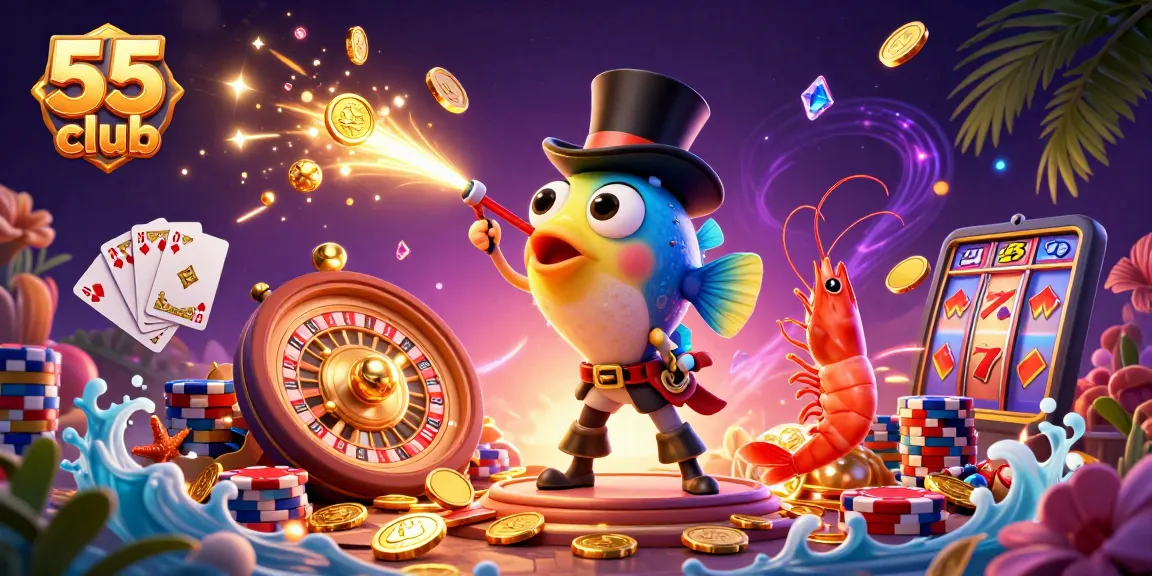 Join the excitement of the 55 club with golden coins and vibrant characters in a lively casino scene.