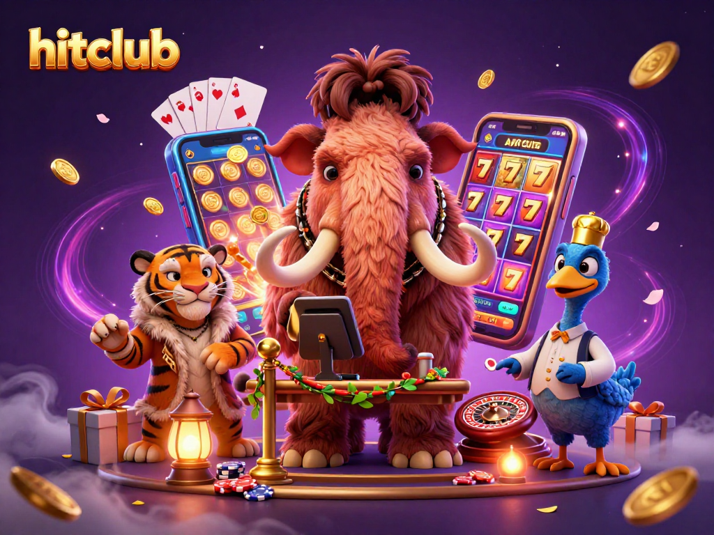 hitclub showcases a vibrant casino scene with characters and slot game elements bursting with energy.