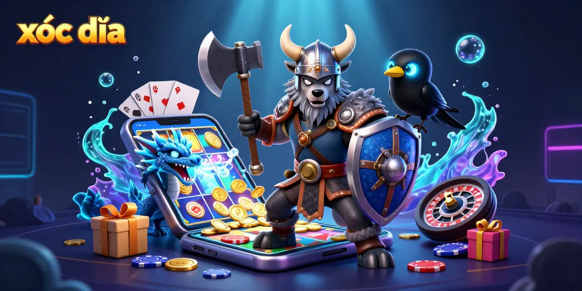 xóc đĩa game scene with Viking wolf warrior, fierce dragon, and glowing raven amidst colorful casino elements.