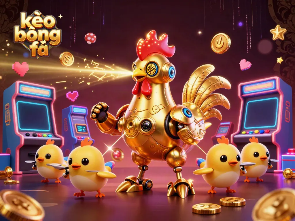 Engage in thrilling kèo bóng đá with a futuristic golden rooster robot and baby chick drones in a vibrant casino scene.