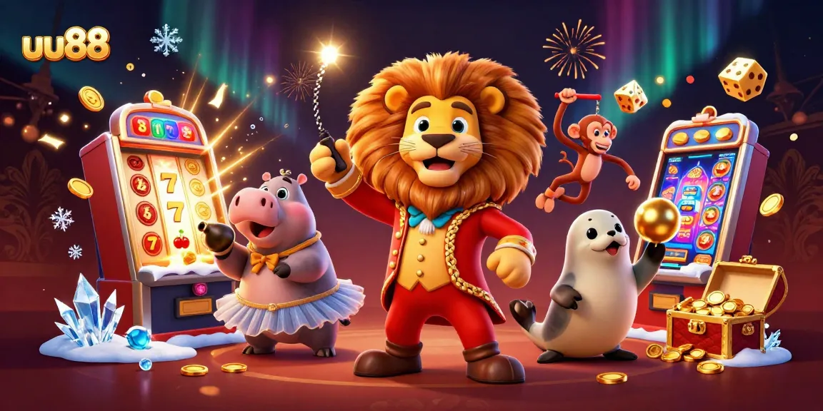 Experience excitement with uu88's vibrant carnival-themed casino illustration showing dynamic characters and slot game elements.