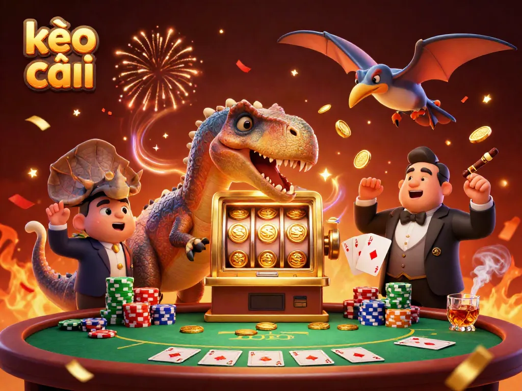 Kèo nhà cái themed 3D illustration featuring pachycephalosaurus celebrating jackpot with coins, poker elements, and vibrant atmosphere.