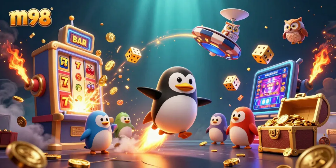 Spin the reels with m98's golden penguin and explosive jackpots in this vibrant casino scene.