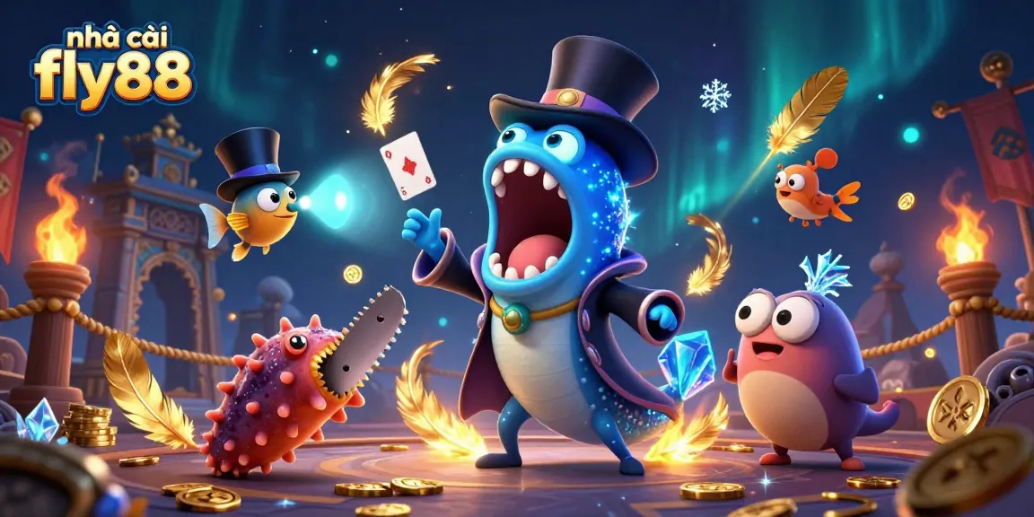 Experience thrilling games with nhà cái fly88, illustrated with vibrant casino elements and magical creatures.