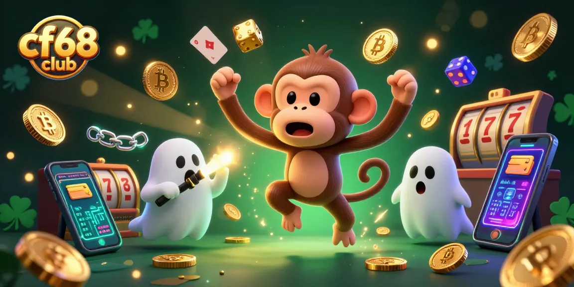 Engage with the exciting gambling landscape at cf68 club, featuring a playful poltergeist monkey and a curious puppy amidst vibrant casino elements.