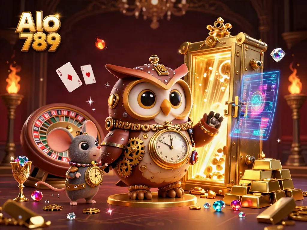 Engage with Alo 789's vibrant casino scene captured in a rich 3D digital illustration featuring steampunk characters.