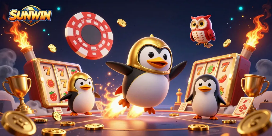 Join the adventure at SUNWIN with a golden penguin racing to a jackpot-filled casino space station.