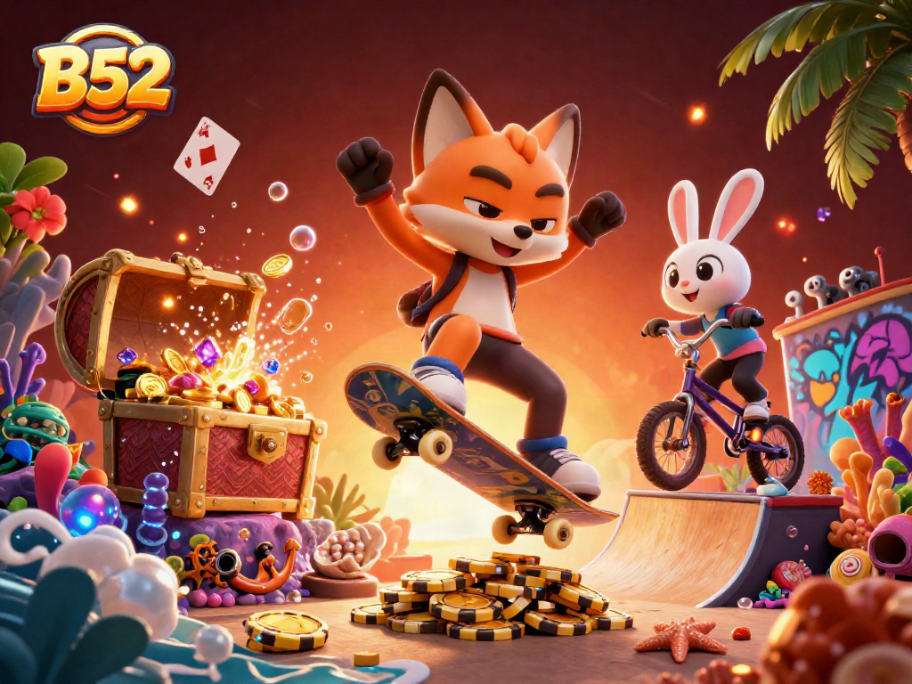 B52 players enjoying a vibrant 3D casino scene with a skateboarding fox and BMX rabbit.