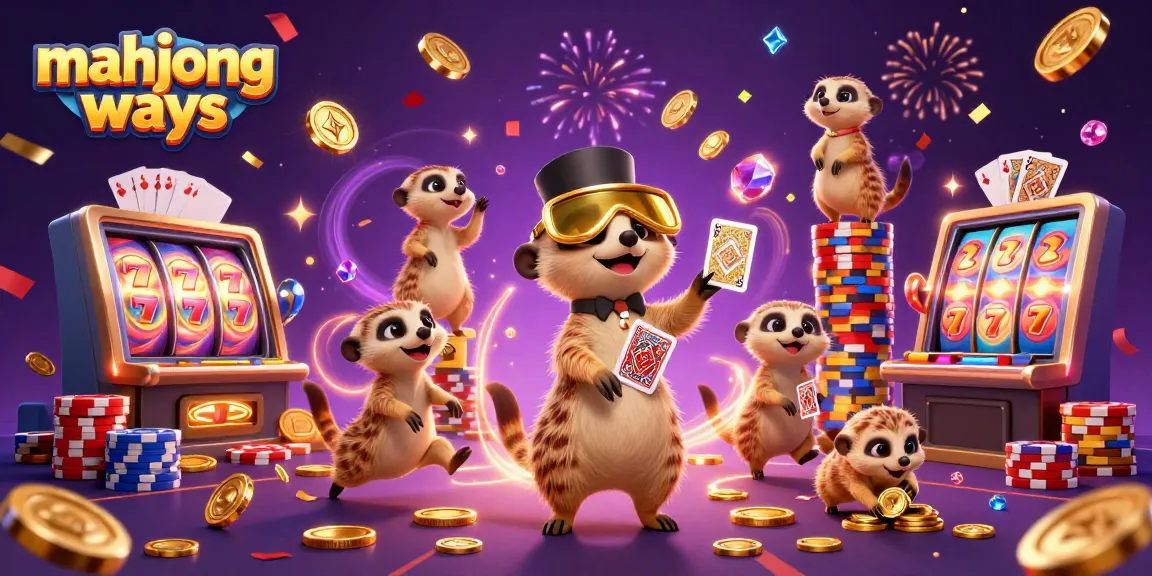 Experience the excitement of mahjong ways with this vibrant 3D casino scene featuring playful meerkats and slot machines.