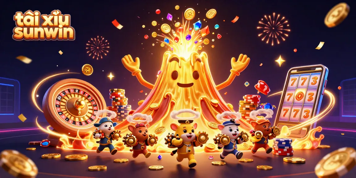 Tài xỉu sunwin reveals treasures through a golden volcano eruption amidst a lively casino scene.
