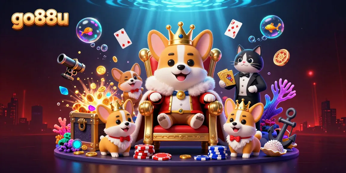 Experience thrilling gaming with go88u's vibrant scene featuring royal corgi characters and dazzling casino elements.
