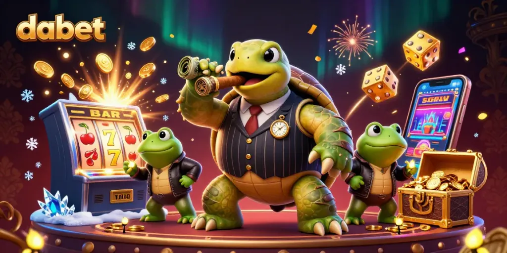 Dabet's captivating 3D illustration showcases thrilling casino action featuring a snapping turtle and bullfrog enforcers.